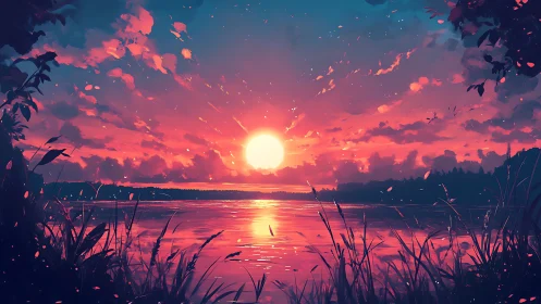 Gentle lakeside sunset wrapped in rosy, dreamlike light.
