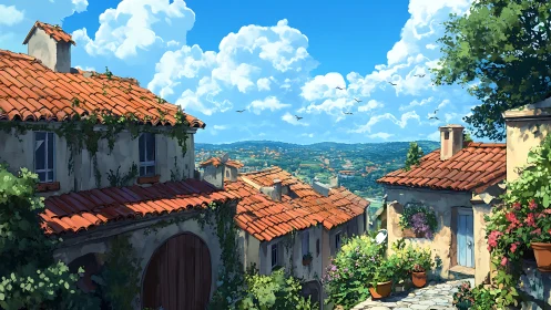 Sunny hillside village with cozy terracotta rooftops.