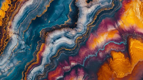 Stratified pigment flows simulate geode cross‑section with metallic veining