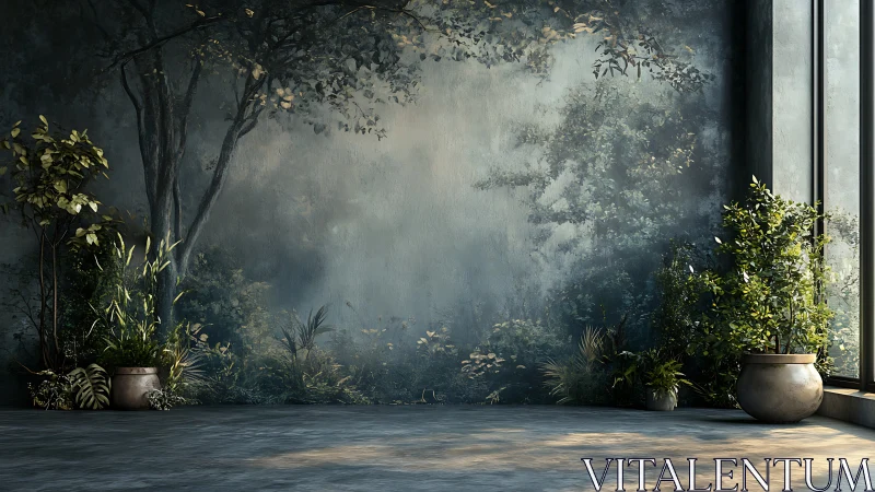 Indoor room with forest mural and potted greenery wall.
