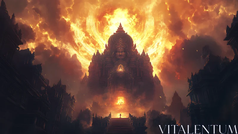 Colossal fiery temple deity towers above lone ascending figure
