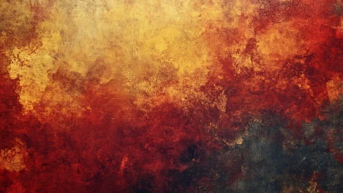 Abstract textured painting with bold red and gold tones.