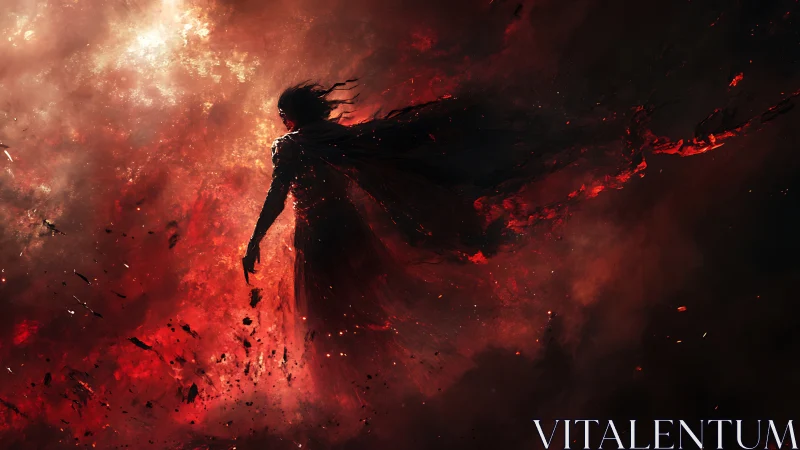 Emberborne silhouette strides through a storm of burning night.