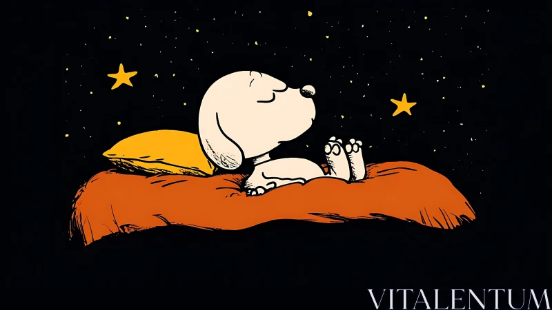 Cartoon puppy sleeps on orange bed under starry sky