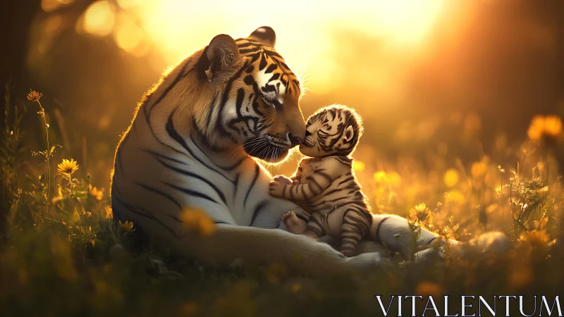 Backlit tiger mother and cub rendered in warm shallow-depth glow