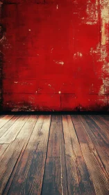 Weathered red wall and wooden floor create textured interior plane