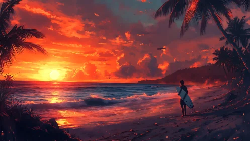 Surfer with board on tropical shoreline at vivid sunset.