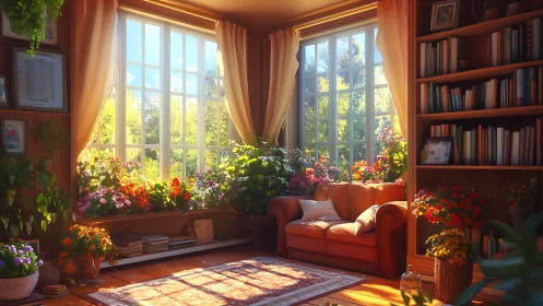 Sunlit reading nook glows with flowers and cozy warmth