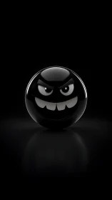 Glossy black emoticon sphere with menacing grin on black