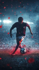 Soccer player drives ball through illuminated stadium field