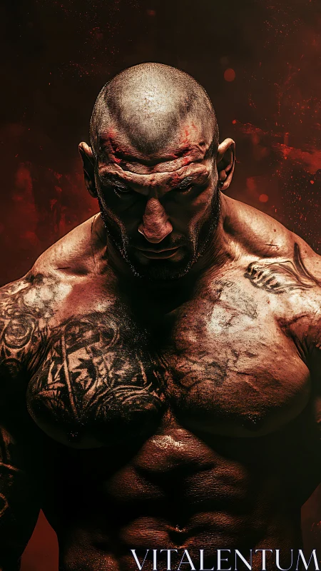 Battle-scarred muscular fighter under dramatic rim lighting.
