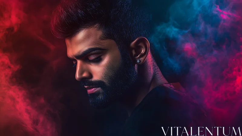 Neon mist wraps a pensive profile in electric quiet