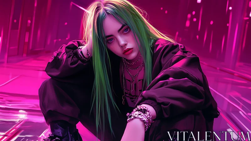 Neon green rebel brooding inside ultraviolet city glow.