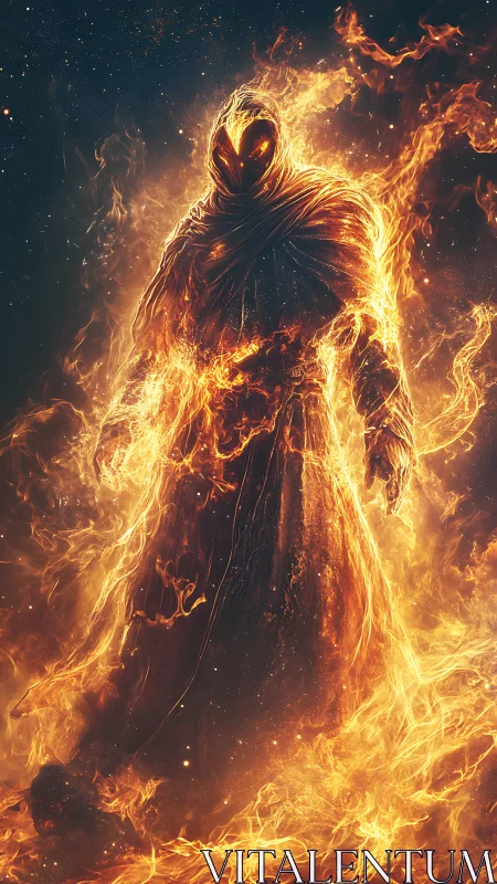 Fiery cloaked guardian rising from glowing cosmic flames.