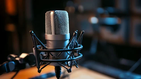 Studio condenser microphone in warm cinematic focus.