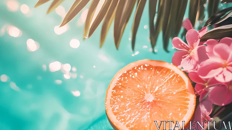 Citrus slice and tropical blooms by sunlit turquoise water.