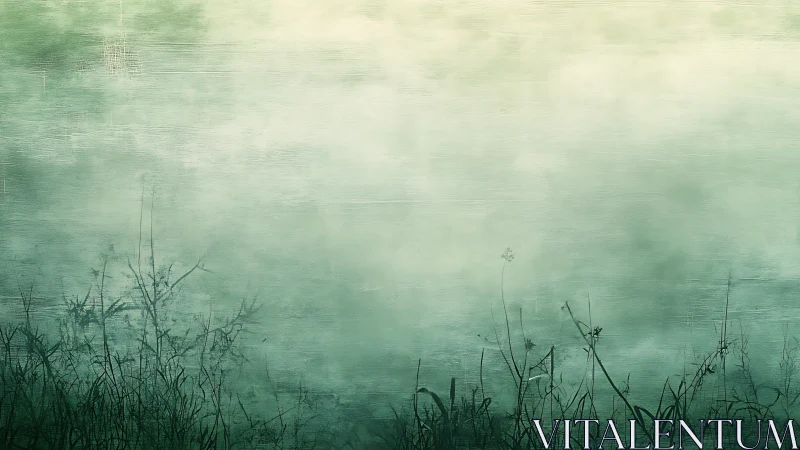 Foggy green field background with sparse grass silhouettes.