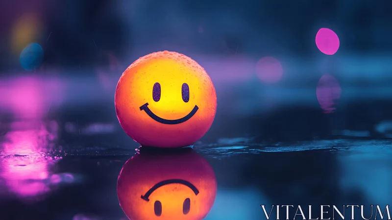 Smiley face ball on wet surface in neon city light scene.