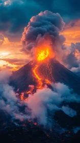 Erupting volcano illuminated by molten lava streams against twilight sky.