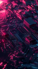 Neon circuit board glows with intense magenta highlights.