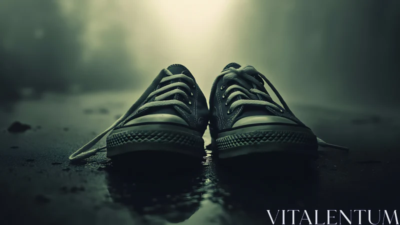 Abandoned sneakers on wet asphalt under moody volumetric backlight