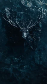 Nocturnal stag relief emerging from lithic abyssal field.