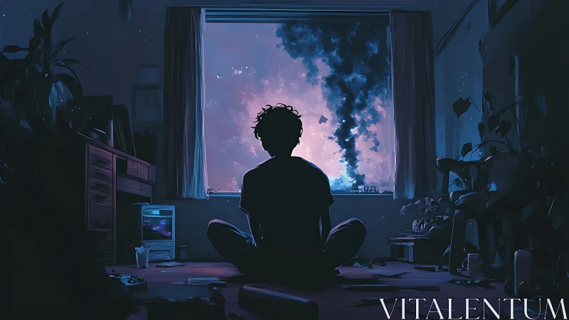 Quiet midnight watcher gazing toward a distant burning sky.