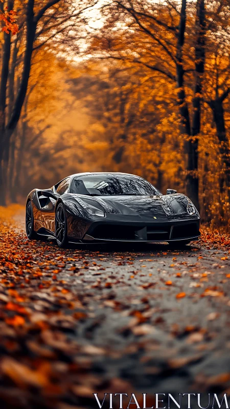 Sleek black supercar gliding through a golden autumn lane.