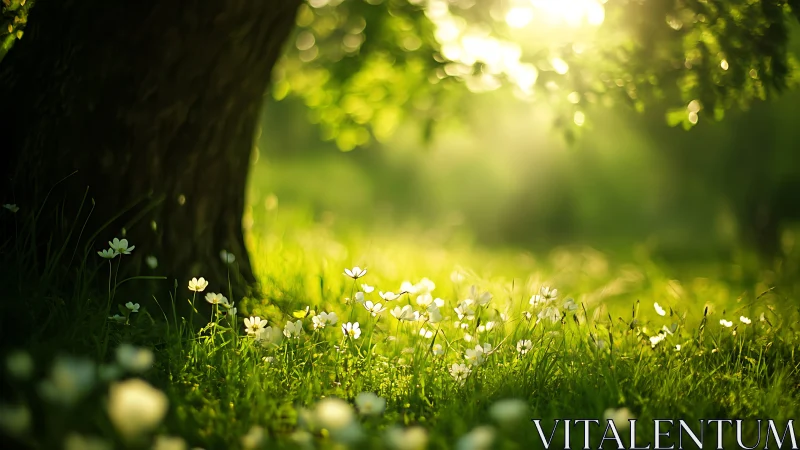 Sunlit meadow glows beneath tree with delicate white flowers.