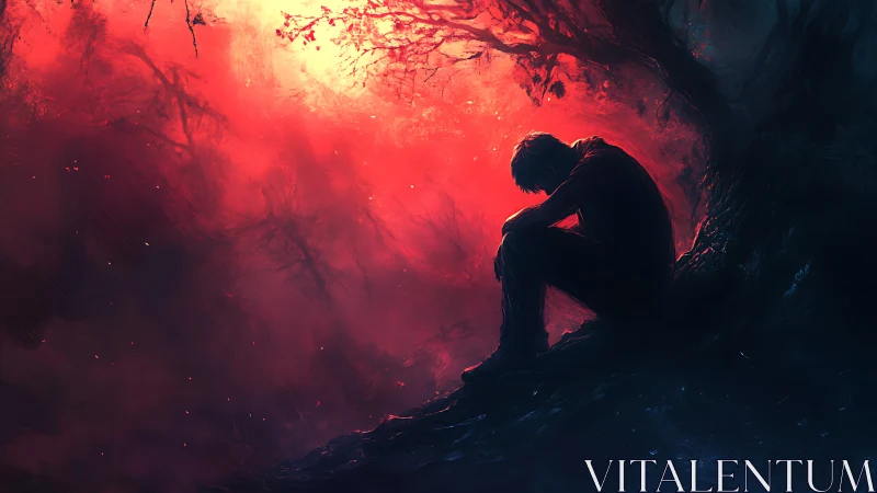 Silhouetted figure sits under tree against intense red sky