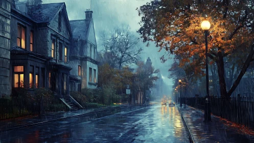 Rainlit city street with glowing windows and autumn trees.
