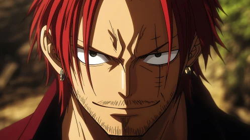 Close-up anime portrait of red-haired scarred male character