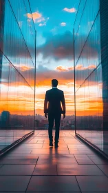 Silhouetted figure in corridor facing urban skyline at sunset.