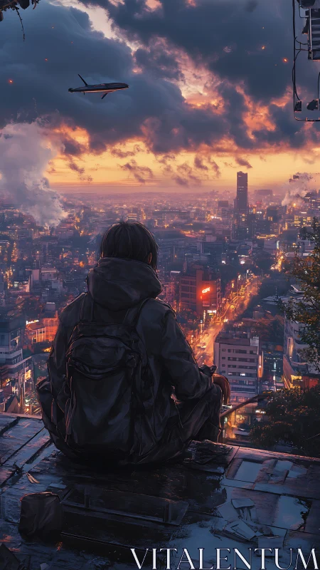 Solitary rooftop observer above neon dusk metropolis.