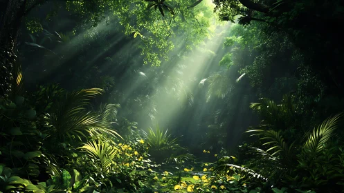 Verdant Jungle Canopy with Golden Sunlit Rays.