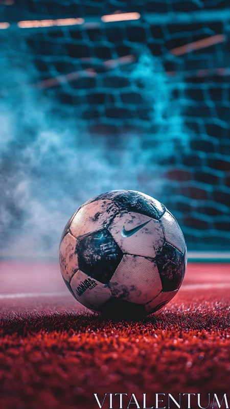 Weathered football on synthetic turf under cinematic arena lighting