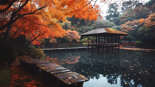 Autumn Japanese garden pond with timber pavilion and stone path