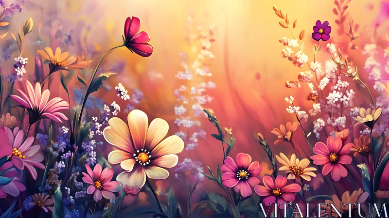 Sunset Wildflower Field with Pink Cosmos and Butterflies.