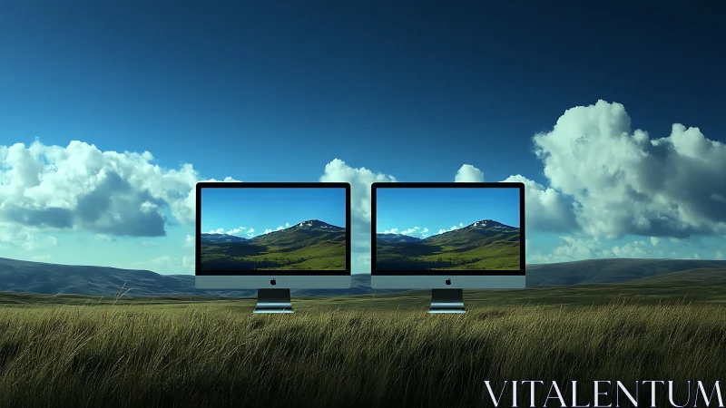 Dual desktop displays replicate panoramic mountain landscape perfectly