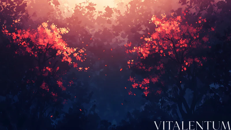 Backlit crimson foliage frames a luminous forest clearing