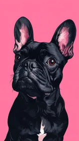 Black French bulldog portrait on plain pink background.