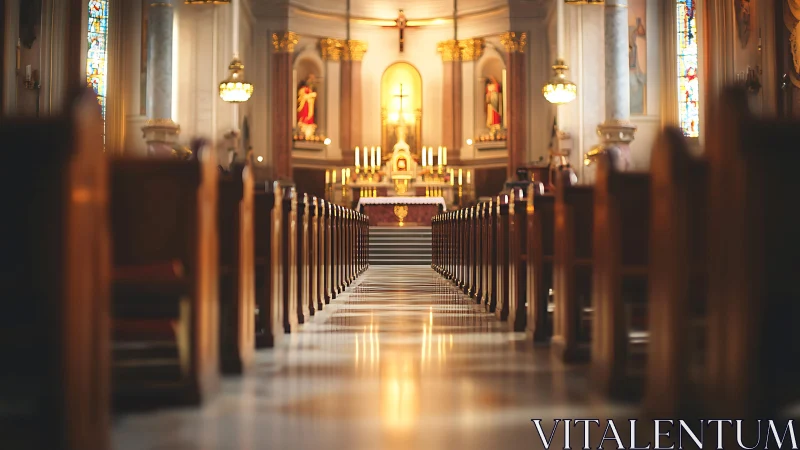 Silent marble aisle glows toward a candlelit cathedral altar