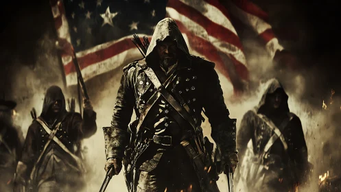 Hooded revolutionaries stride through smoke and rising flags.