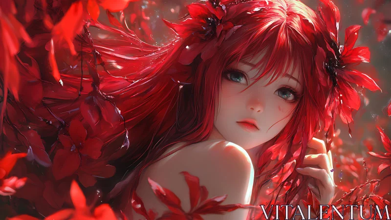 Red-haired anime girl framed by luminous floral cascade