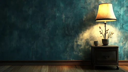 Table lamp and nightstand against textured teal wall.