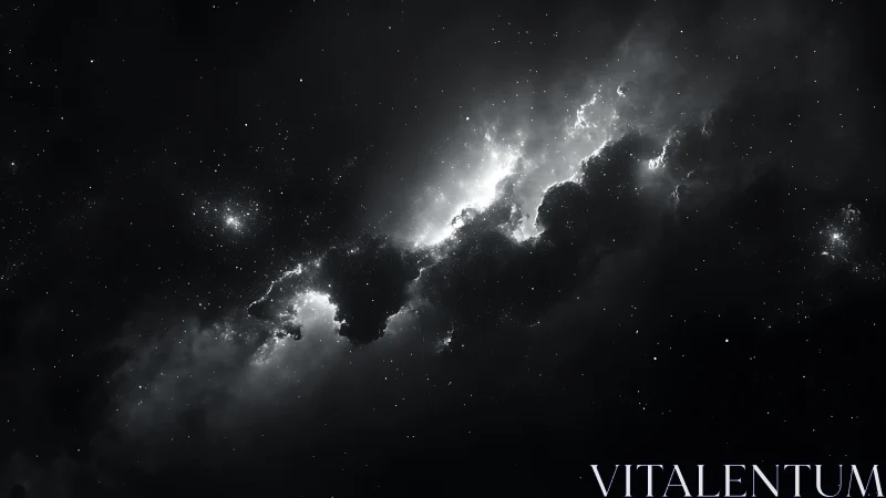 Monochrome interstellar nebula with scattered star field.