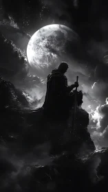 Lone cloaked warrior grips sword beneath luminous moon