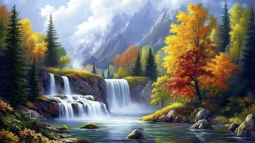 Sunlit mountain waterfall cascades through bright autumn forest