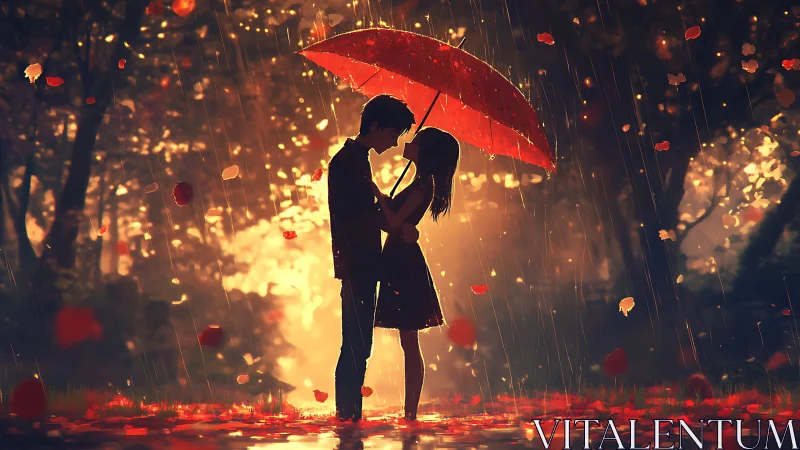 Silhouetted couple kissing beneath red umbrella in rain