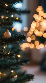 Glittering bauble hangs on evergreen branch before blurred tree